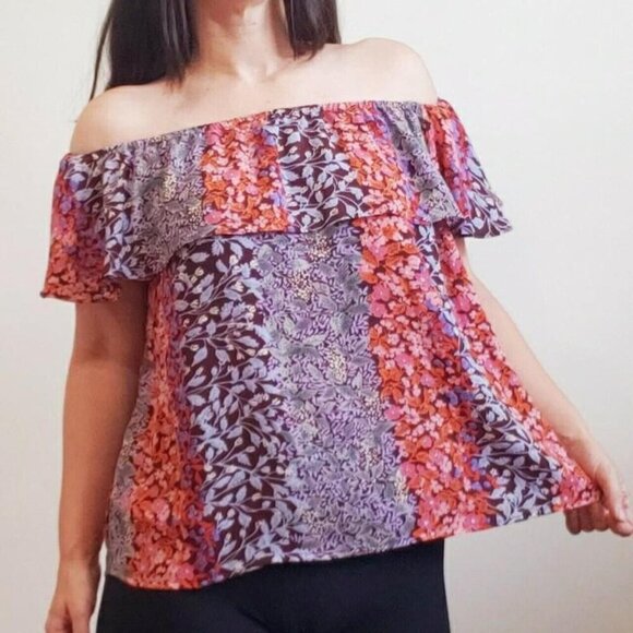 Mauve Tops - Anthropologie Mauve Chiffon Off The Shoulder Floral Blouse Top Women’s XS